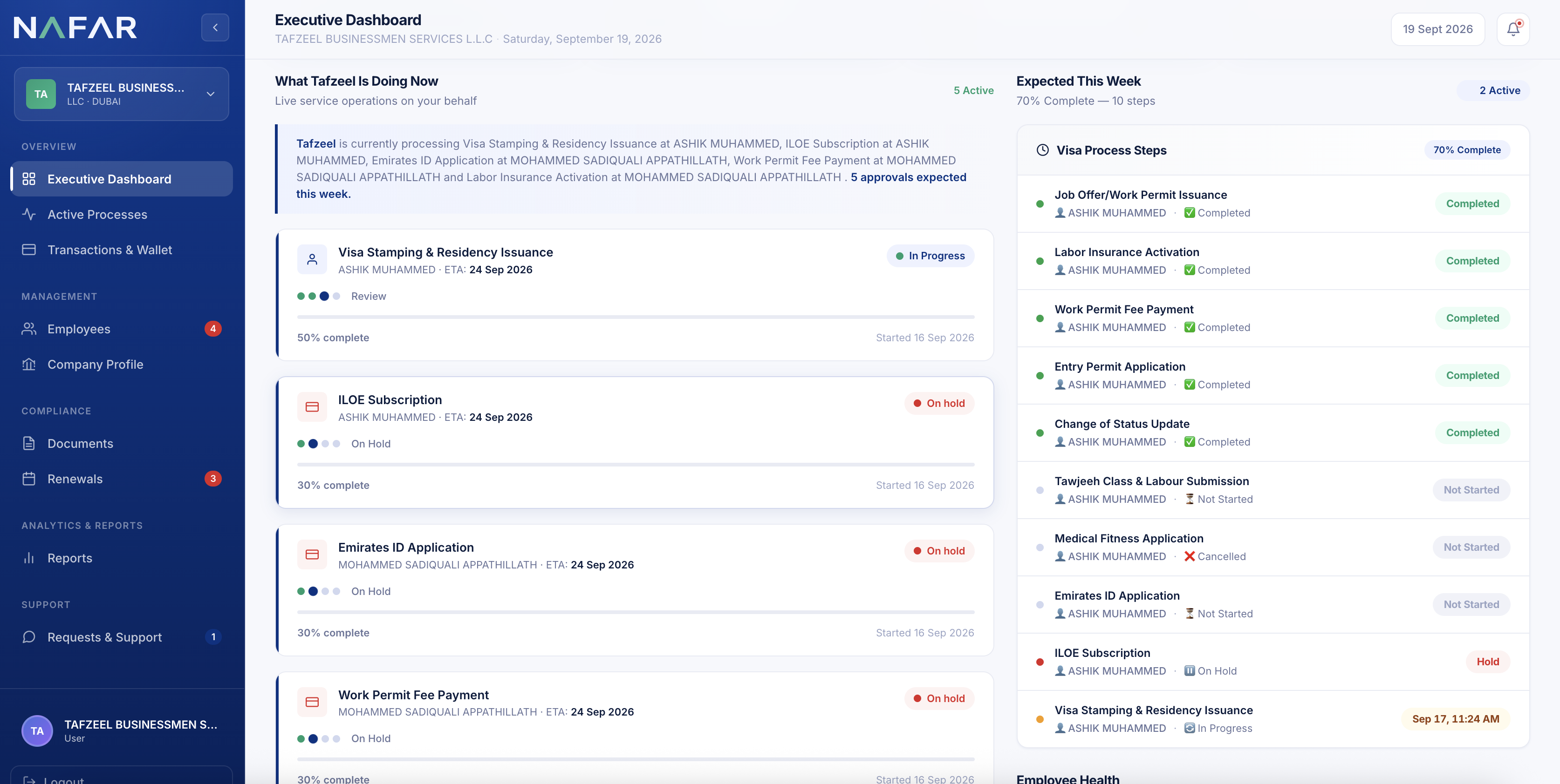 Nafar Active — live visa and service process tracking
